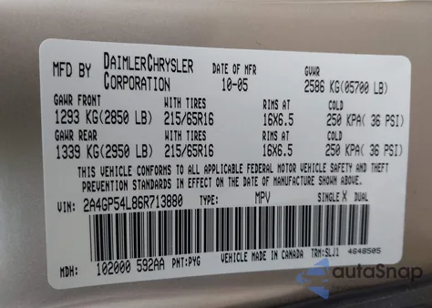 2006 Chrysler Town & Country Touring из США, поврежденный, VIN 2A4GP54L86R713880